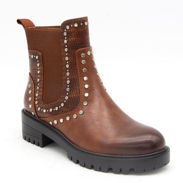 

[gogd] women boots stud decormative fashion motorcyle boots flat patchwork design lady shoes1, Black