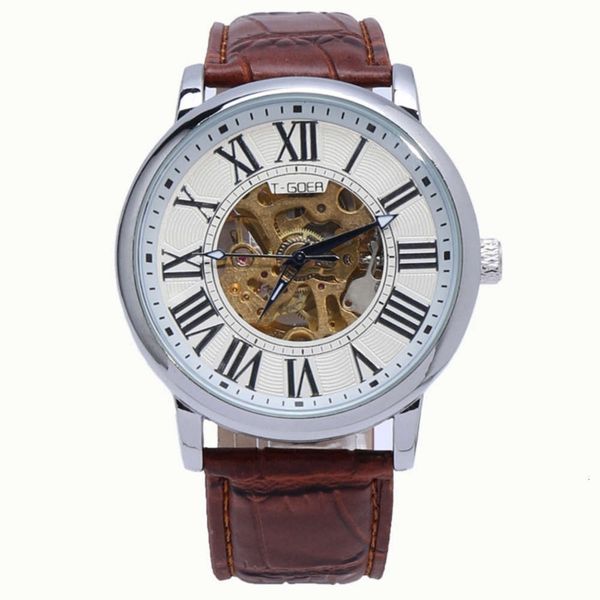 

mechanical hollow t-goer men's belt large dial watch waterproof mechanical watch, Slivery;brown
