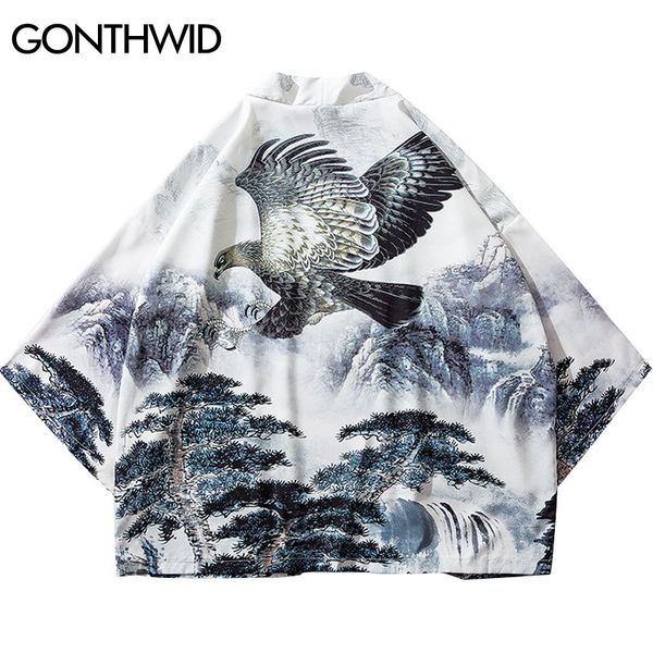 

japanese style eagle mountain pine tree print kimono cardigan haori jackets streetwear harajuku casual open front coat, Black;brown