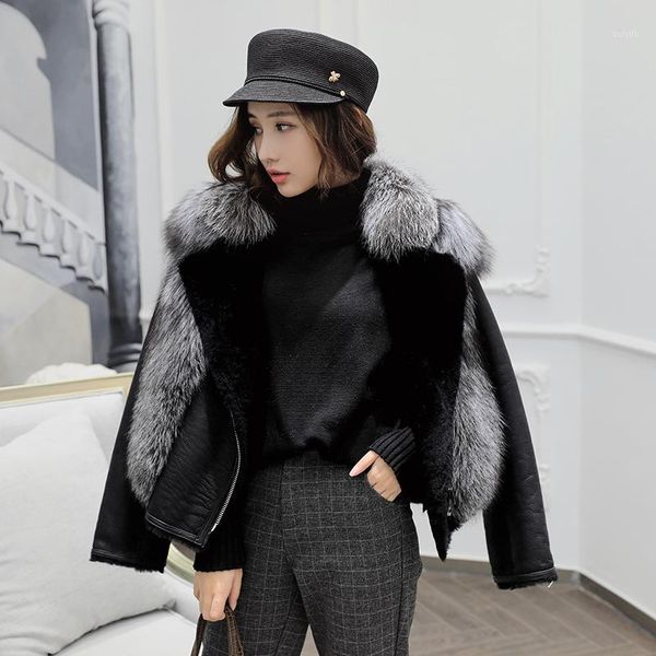 

real fur coat women winter jacket korean wool fur coat short shearling genuine leather jacket manteau femme 2019 kq-17881, Black