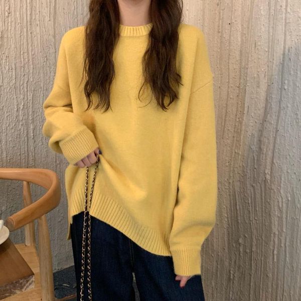 

2020 new gentle and cute casual loose knit sweater all-match candy color split solid color round neck sweater1, White;black