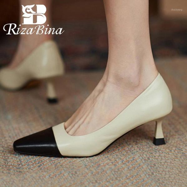 

rizabina size 34-43 2021 new fashion women real leather thin high heel shoes mix color pumps heels heeled footwear1, Black