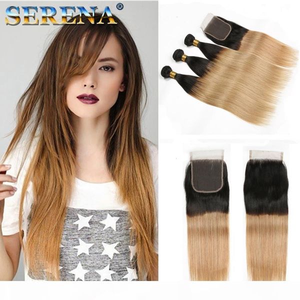 

ombre 1b# 27# blonde long silky straight hairstyle soft brazilian hair 3 bundles with closure with baby hair can heat&permed, Black;brown
