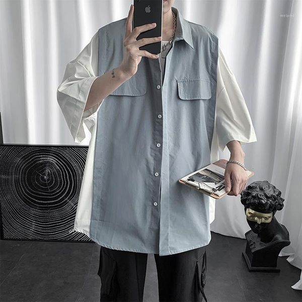 

color block single breasted short sleeve shirt man summer streetwear oversized man casual loose fit men clothes fashion1, White;black