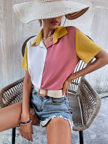 

colorblock button front blouse i8dl#, White