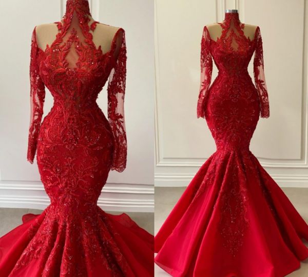 

modest red lace mermaid evening dresses appliques beaded long prom gowns with full sleeves formal party dress vestidos de fiesta robe de soi, Black;red