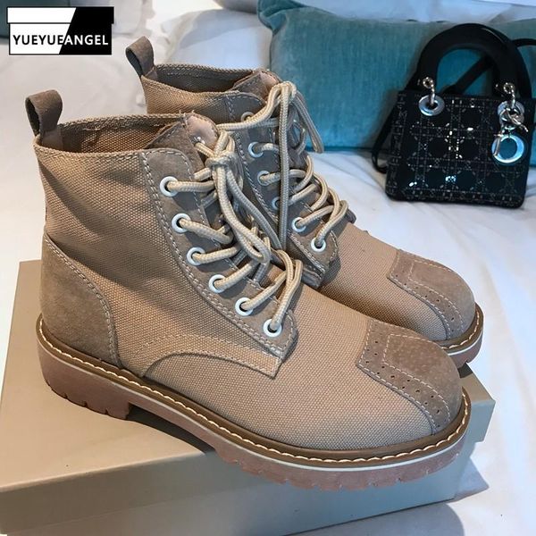 

fashion desert ankle boots women patchwork lace up work safety boots footwear autumn round toe platform shoes zapatos de mujer, Black