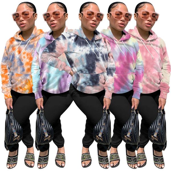 

ladies tie dye hoodies fashion trend multicolor long sleeve plus velvet hooded designer autumn female loose casual pullover sweatshirts, Black
