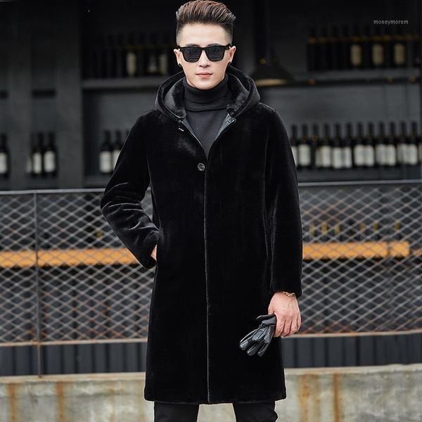 

hooded fur coat men 2019 new fashion medium length winter trench coats mens brand clothing plus size 4xl1, Tan;black