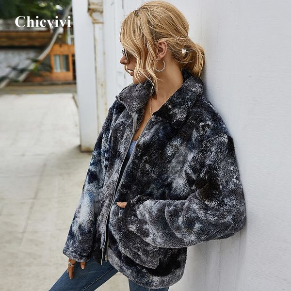 

winter new tie dye искусственного меха куртка женщин плюс размер сыпучие отложной воротник на молнии карманы толстый теплый coatsx1016, Black;brown