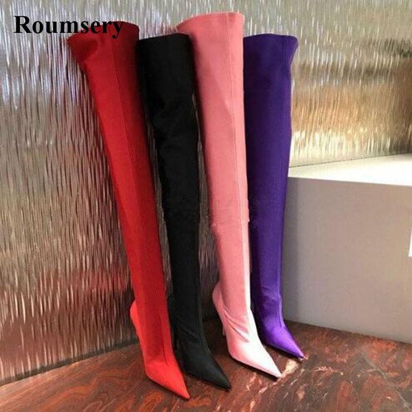 

new arrival women pointed toe silk slim over knee high heel boots stiletto high heels elasticity slip-on bandage boots, Black