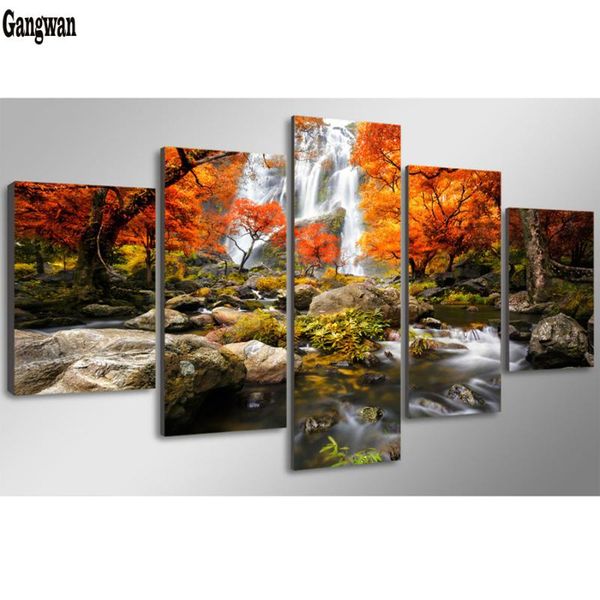 

5d diy diamond painting 5 panel autumn nature lake forest waterfall landscape full diamond embroidery mosaic cross stitch decor