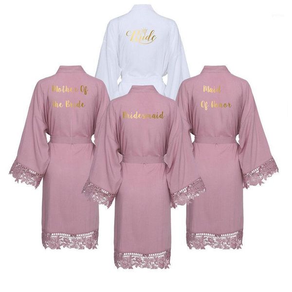 

2020 new mauve solid cotton kimono robes with lace trim women wedding bridal robe bathrobe sleepwear white1, Black;red