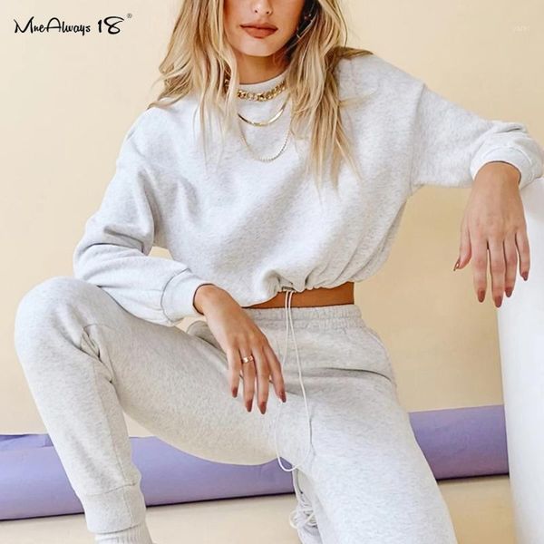 

mnealways18 winter cotton sweatshirt and sweatpants two piece sets women casual tracksuit drop shoulders pullover sports suits1, Gray