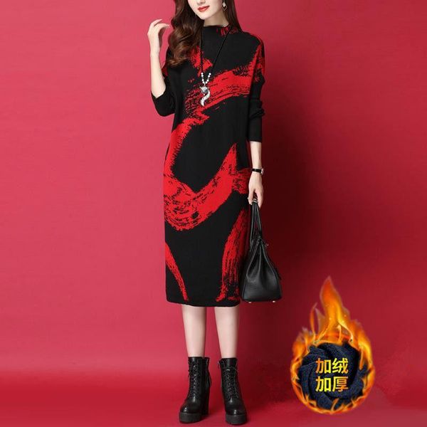

autumn and winter new 2021 loose printing plus velvet thickening base fat mm dress plus size women's mid-length dress is thin, Black;gray
