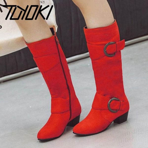 

tuyoki женщины mid calf boots европейский стиль зимы теплые ботинки для женщин пряжки металла вскользь складки высокий каблук обуви размер 3, Black
