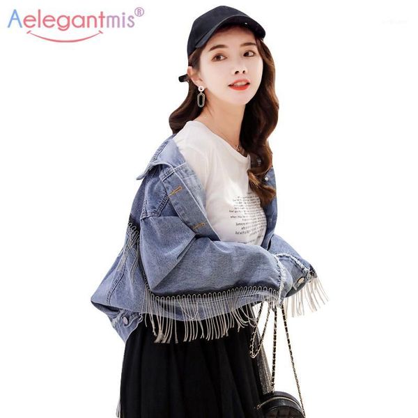 

aelegantmis new oversized women denim jacket back tassels slim short female jeans jackets basic pocket coat ladies denim outwear1, Black;brown