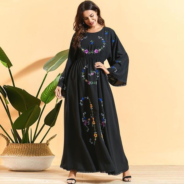 

floral embroidery pleated slim waist swing maxi dress beige white bohemian long sleeve dresses elegant arabian clothing1, Black;gray