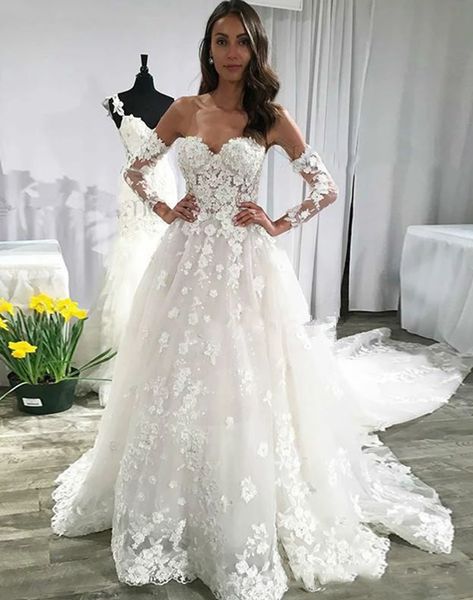 

charming long sleeves lace wedding dress tulle sweetheart backless long bridal gown appliques custom made, White