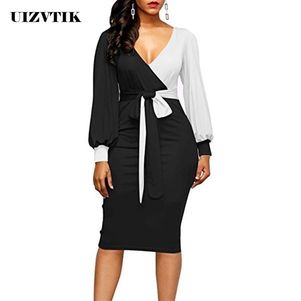 

bandage summer autumn dress women casual plus size slim patchwork office pencil dresses deep v neck long party dress y200805, Black;pink