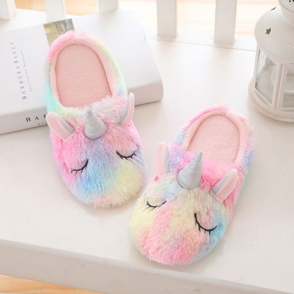 

unicorn slipper multicolor cortoon rainbow cozy home indoor warm cartoon plush slippers women animal house shoes q0108, Black