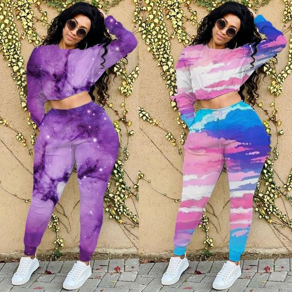 

women's tracksuits 2021 fashion casual all-match two-piece suit featuring starry sky tie-dye clothing, Gray