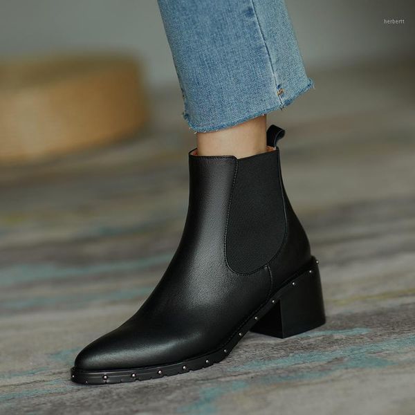 

boots handmade women black real leather knight pointed toe studded short botines mujer 6cm chunky high heels motorcycle botas1