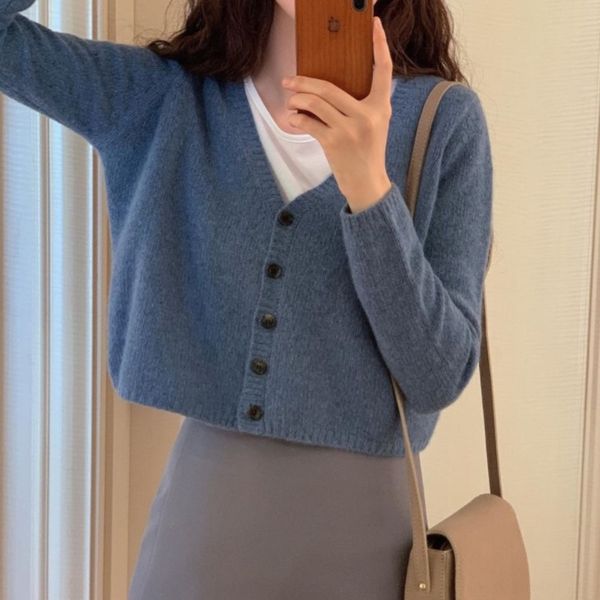 

2020 new autumn korean series versatile two piece suit short knitted cardigan autumn korean show thin skirt series + haze blue show thin ski, Gray