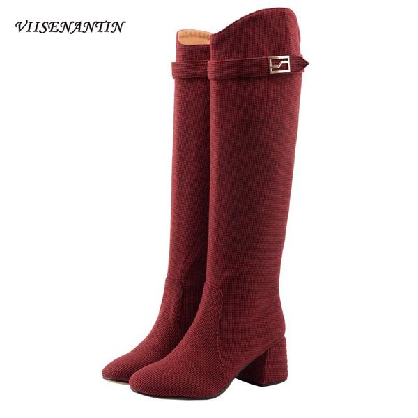 

boots knee-high western metal decoration pointed toe womens riding thick high heel belt buckle plush fashion red punk shoes, Black