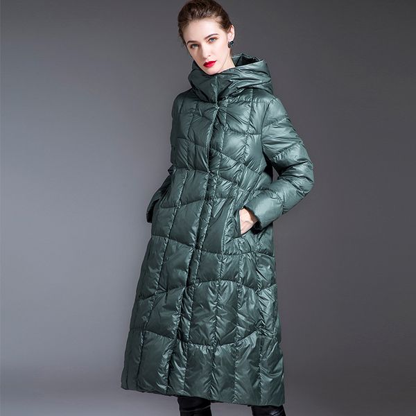 

women's runway down coats hooded stand collar long sleeves white duck down elegant winter parkas overcoat outerwear, Black