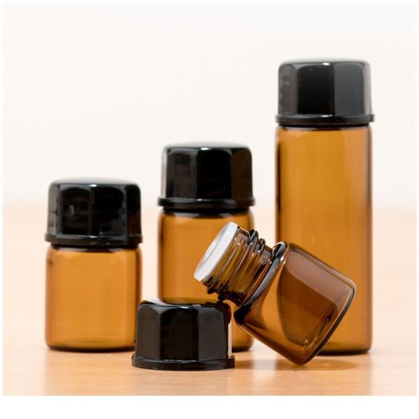 

540pcs/lot 1ml 2ml l drams amber glass bottle with plastic lid insert brown test sample glass vials for perfume essen qylgrx