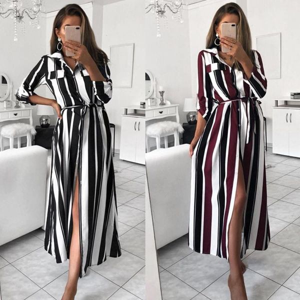 

shirt dress women striped vintage long dress casual button dresses goth long sleeve autumn beach maxi dresses for female 2021, Black;gray