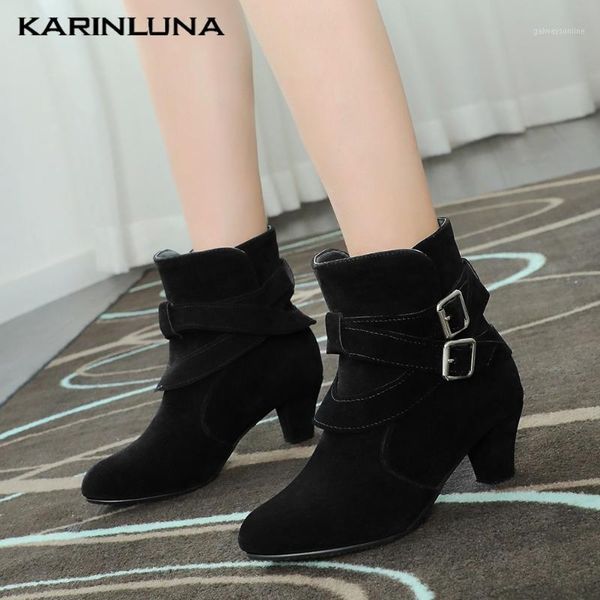 

boots wholesale stylish shoes pointed toe office ladies elegant buckle straps spike heels flock ankel boots1, Black