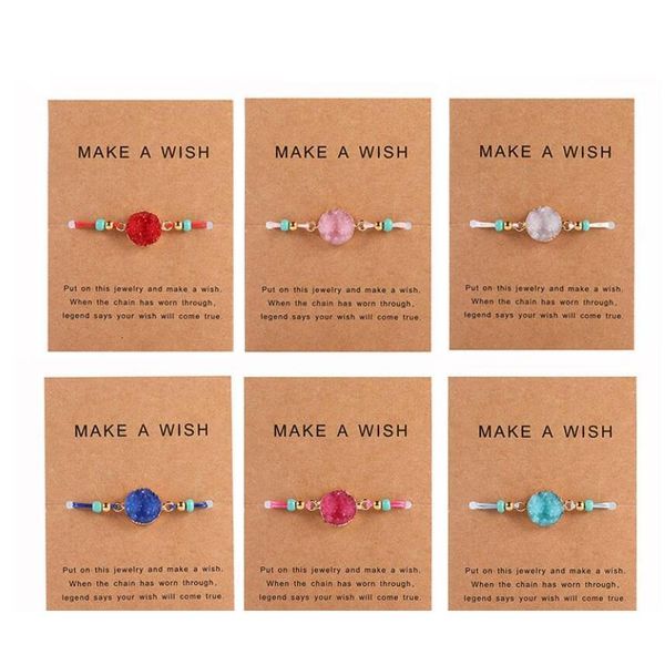 

handmade druzy resin stone bracelet make a wish card wax rope braided bracelets bangles with rice bead for women girls jewelry gzpng, Golden;silver