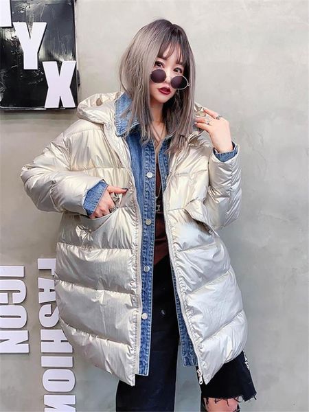 

2020 winter new long bright cotton padded coat women's fake two-piece stitching denim loose cotton padded jacket1, Black