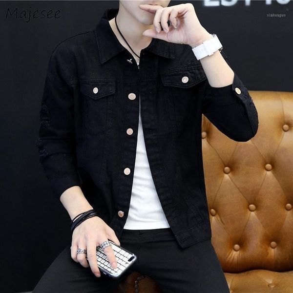 

denim jacket men korean style casual slim solid simple all match mens jackets plus size harajuku clothes turn-down collar retro1, Black;brown