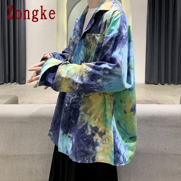 

men's casual shirts zongke tie dye harajuku for men clothing long sleeve shirt streetwear 2021 korean clothes -2xl, White;black