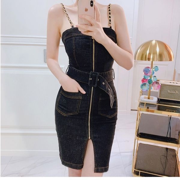 

a2lqc fashion backless suspender skirt denim 2020 suspender skirt dressdress dresssummer new low-cut zipper dress split women's slim nh, Black;gray