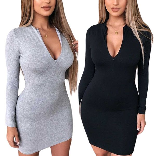 

women's long sleeve v neck mini fashion wild zippered slim fit bag hip solid color autumn clothes, Black;gray