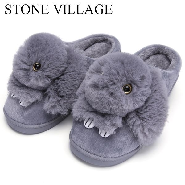 

women slippers lovely rabbit animal prints solid flat indoor shoes winter plush warm home slippers size 36-43 y200107, Black
