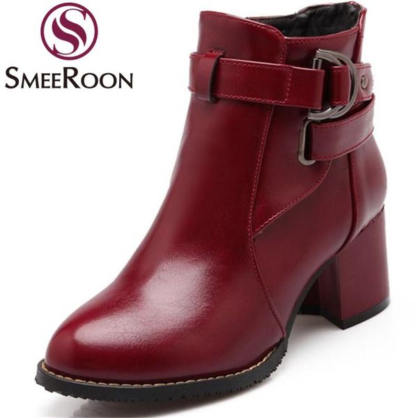 

smeeroon fashion buckle ankle boots for women classic round toe med heels boots keep warm winter popular shoes woman, Black