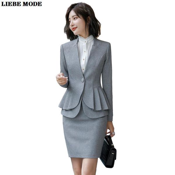 

two piece dress women ruffle jacket blazer and skirt set suit grey black women's formal with business outfit office uniform clothing, White
