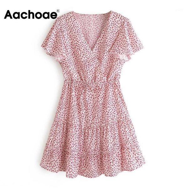 

summer women floral printed chic mini dress v neck short sleeve boho beach dress a line elastic waist casual sundress vestidos1, Black;gray