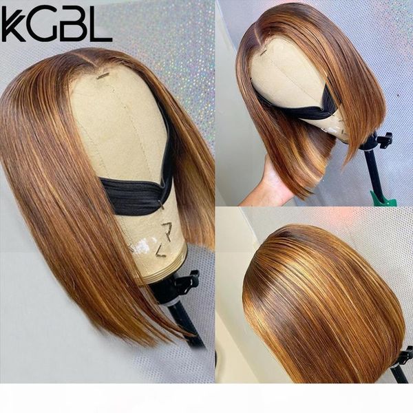 

kgbl 13*6 highlight ombre bob lace front human hair wig with baby hair 8-14'' non-remy wig 180% density brazilian medium ratio, Black;brown