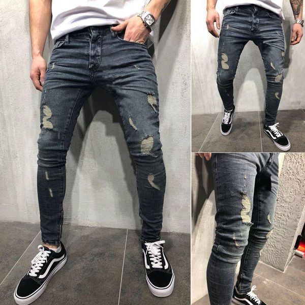 

men fashion ripped jeans gentleman stretchy skinny slim fit denim pants destroyed frayed trousers fashion streetwear1, Blue