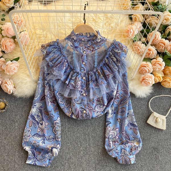 

2021 new singiny chiffon floral printing female blouse spring the neck puff boho mesh trimmings streetwear blouses ra7h, White