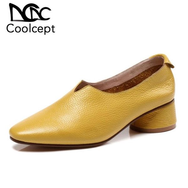 

coolcept slip on casual women pumps real leather solid color spring shoes women fashion square toe female footwear size 33-43, Black