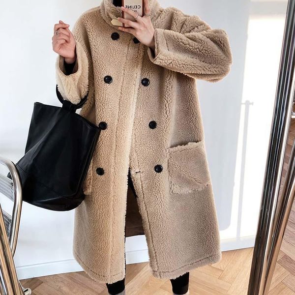 

women's fur & faux winter loose straight warm thicken lamb coat women double breasted motorcycle buckle overcoat thick windproof coats1, Black