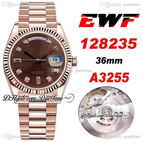 

ewf day date 36mm 128235 a3255 automatic mens watch 18k rose gold brown dial stick diamonds markers steel bracelet new ptrx puretime x58h8, Slivery;brown