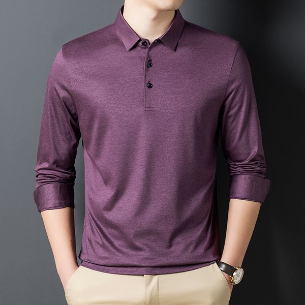 

2021 new 45.8% lyocell fiber 8.5% silk long sleeve shirt high-quality men mark polo wear breathable polos fine fit pjph, White;black